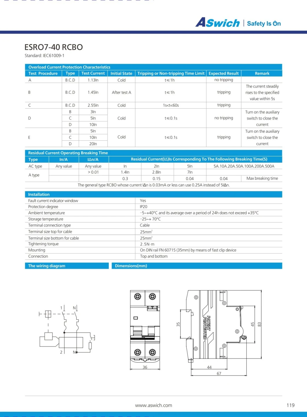 1p+N 30mA DIN Rail AC Earth Fault/Leakage Current Protector Breaker RCBO