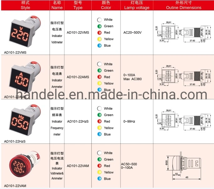 Mini Digital Voltmeter Ammeter Indicator 22mm Square AC 20-500V 0-100A